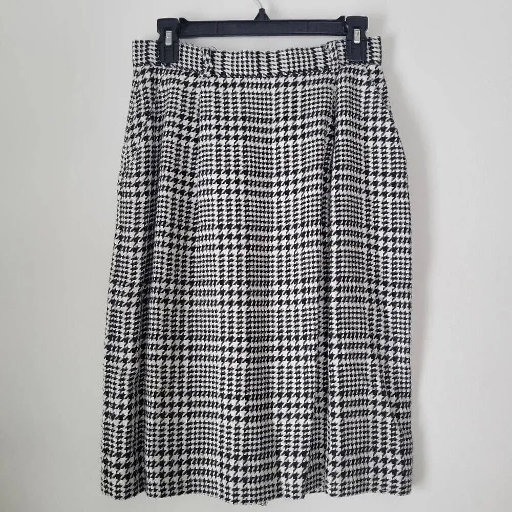 Talbots Black & White Houndstooth Wool Blend Pencil Pleated Skirt Size 10 Vintag